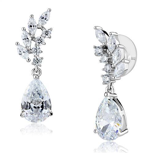 JCE1282 Rhodium Brass Earrings with AAA Grade CZ  in Clear