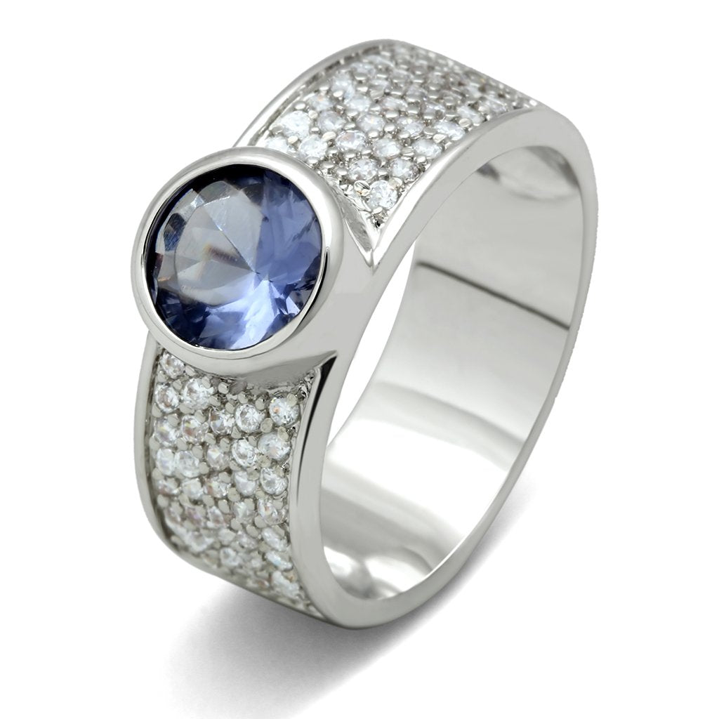 JCE146 Rhodium Brass Ring with Synthetic Synthetic Glass in Light Sapphire