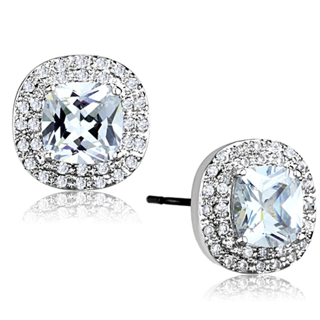 JCE651 Rhodium Brass Earrings with AAA Grade CZ  in Clear