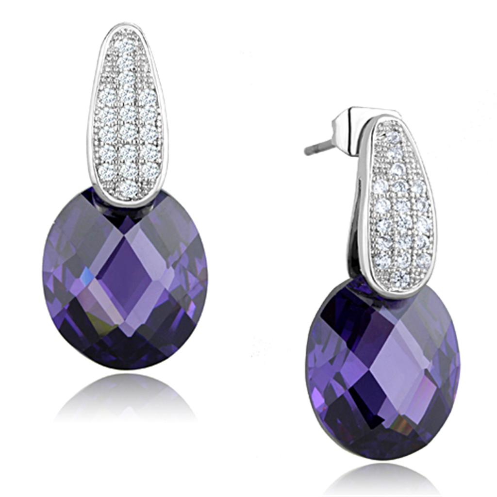 JCE667 Rhodium Brass Earrings with AAA Grade CZ  in Amethyst