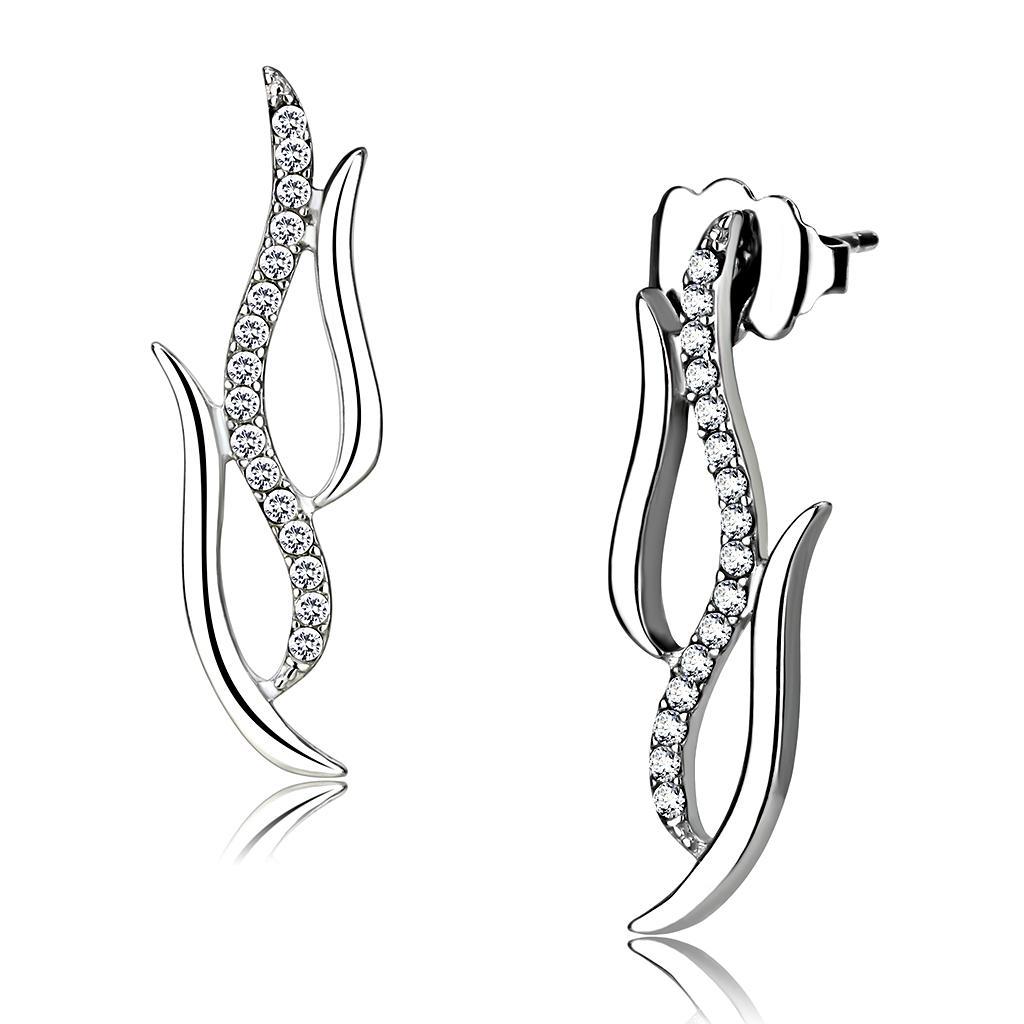 JCE182 High polished (no plating) Stainless Steel Earrings with AAA Grade CZ  in Clear