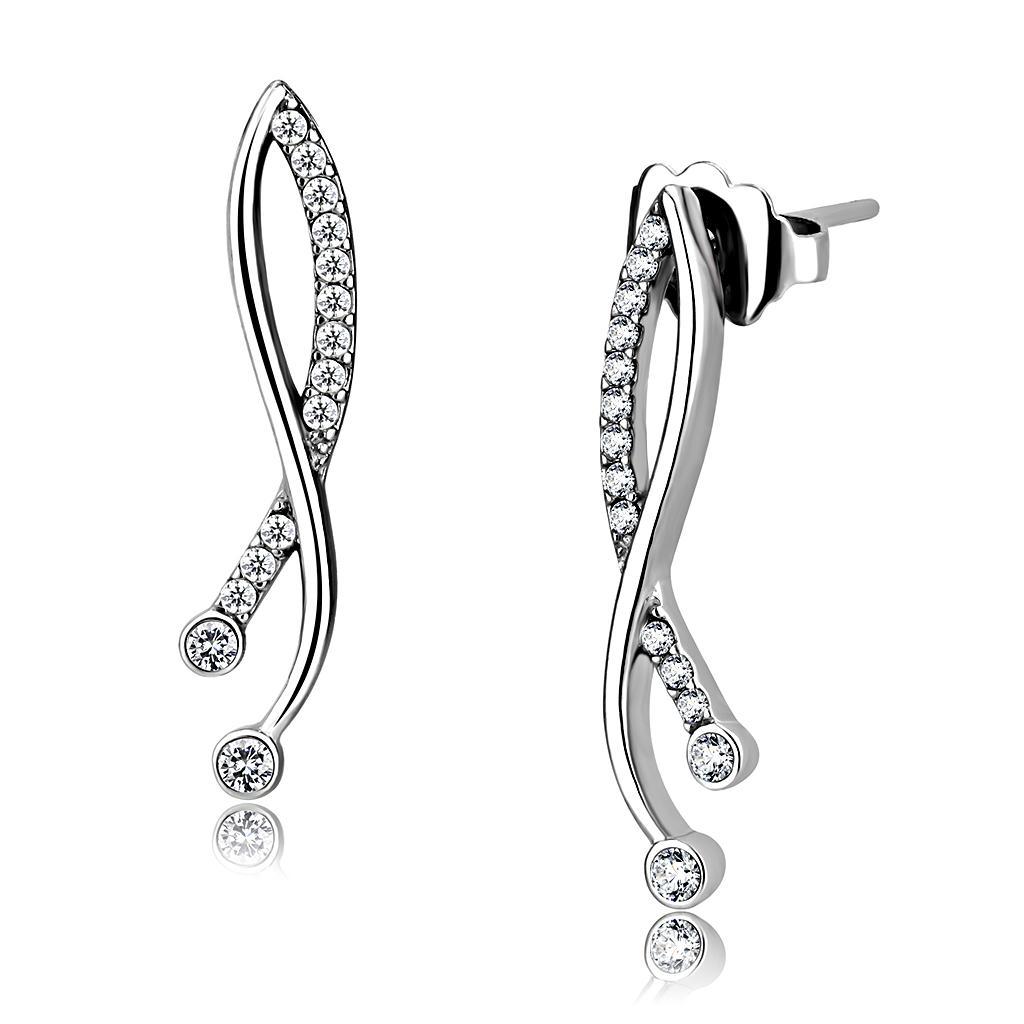JCE184 High polished (no plating) Stainless Steel Earrings with AAA Grade CZ  in Clear