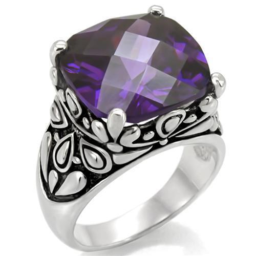 JCE016 High polished (no plating) Stainless Steel Ring with AAA Grade CZ  in Amethyst