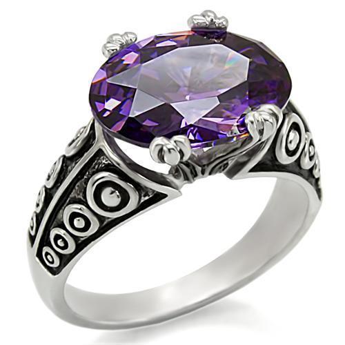 JCE017 High polished (no plating) Stainless Steel Ring with AAA Grade CZ  in Amethyst