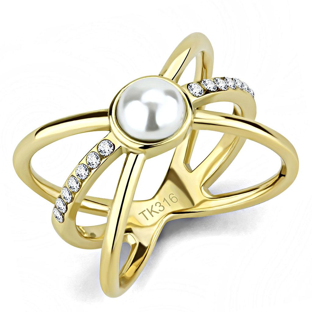 JCE3522 IP Gold(Ion Plating) Stainless Steel Ring with Synthetic Pearl in White