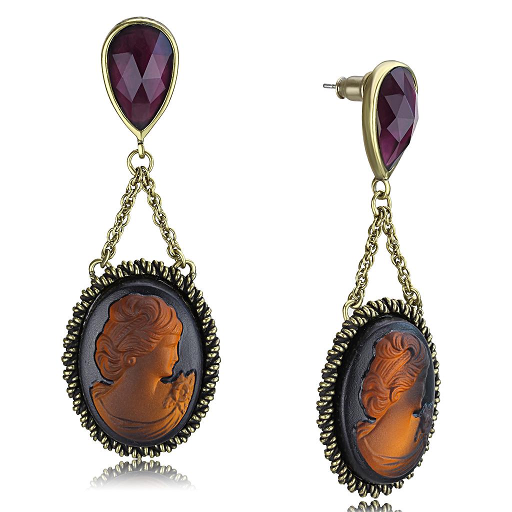 JCE4182 Antique Copper Brass Earrings with Synthetic Synthetic Stone in Smoked Quartz