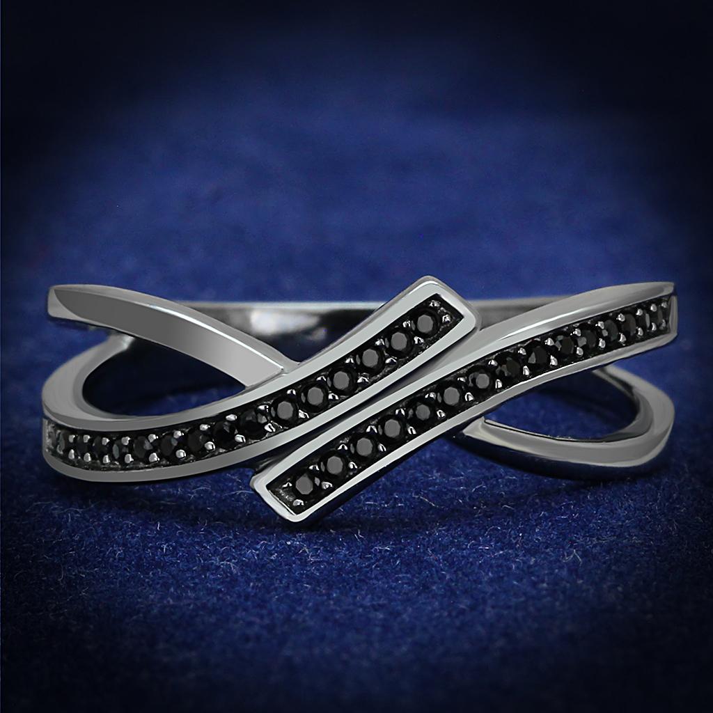 JCE599 Ruthenium 925 Sterling Silver Ring with Synthetic Spinel in Jet